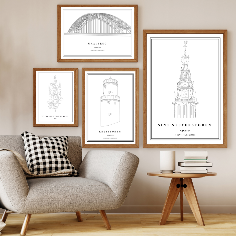 Poster illustratie Nijmegen o.a. waalburg, kruittoren en Sint Stevenskerk