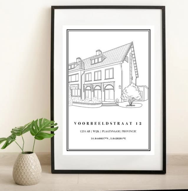 Ingelijste huisillustratie in zwart-wit