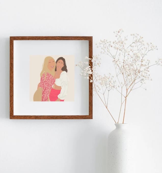 Ingelijste portretillustratie van twee vriendinnen